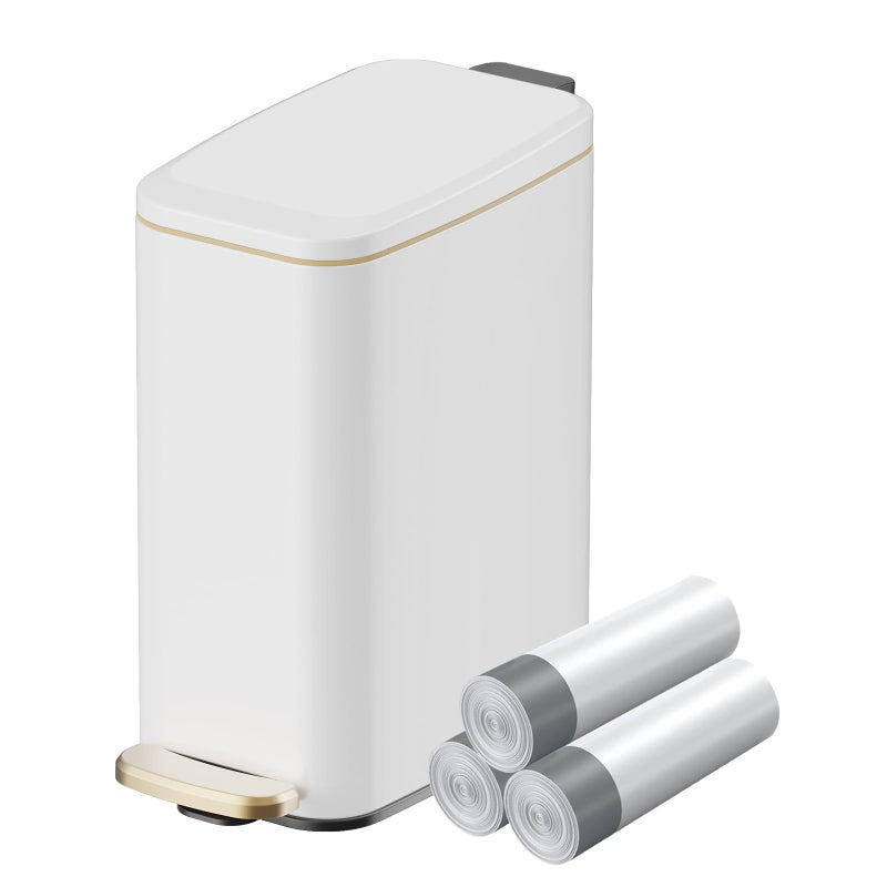 KUK Slim Bathroom Trash Can with Lid, 1.6 Gal / 6L Stainless Steel Small Garbage Bin with Detachable Inner Bucket, Step Pedal, Silent Close, Wastebasket for Toilet, Bedroom, Home, Office (White) - Image 1