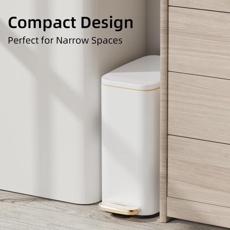 KUK Slim Bathroom Trash Can with Lid, 1.6 Gal / 6L Stainless Steel Small Garbage Bin with Detachable Inner Bucket, Step Pedal, Silent Close, Wastebasket for Toilet, Bedroom, Home, Office (White) - Image 3