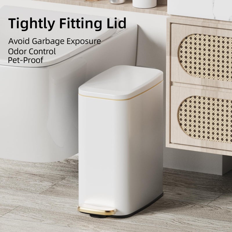 KUK Slim Bathroom Trash Can with Lid, 1.6 Gal / 6L Stainless Steel Small Garbage Bin with Detachable Inner Bucket, Step Pedal, Silent Close, Wastebasket for Toilet, Bedroom, Home, Office (White) - Image 2