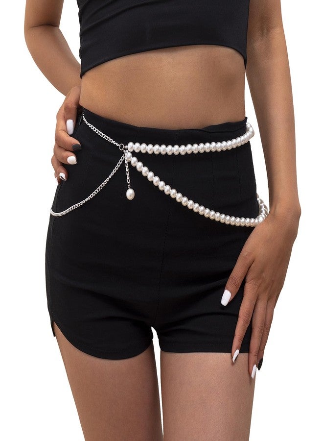 WFik Sexy Double Layered Pearl Waist Chain Belt for Women Summer Bikini Beads Belly Body Chain Festival Rave Pearl Belly Belt Body Jewelry Accessories (White) - Image 2