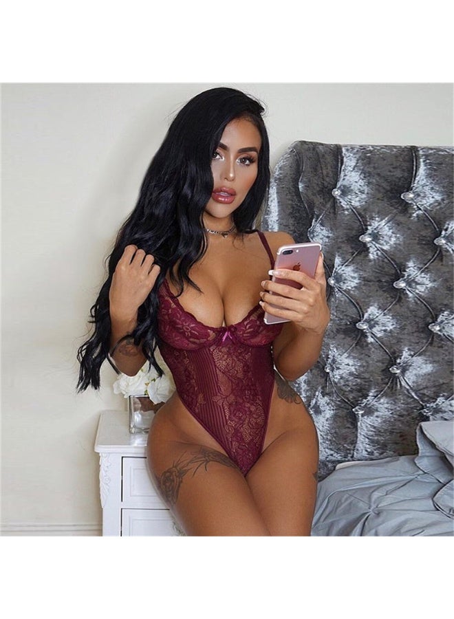 Women's Floral Lace  Bodysuit -  See-Through Lingerie with Adjustable Spaghetti Straps
