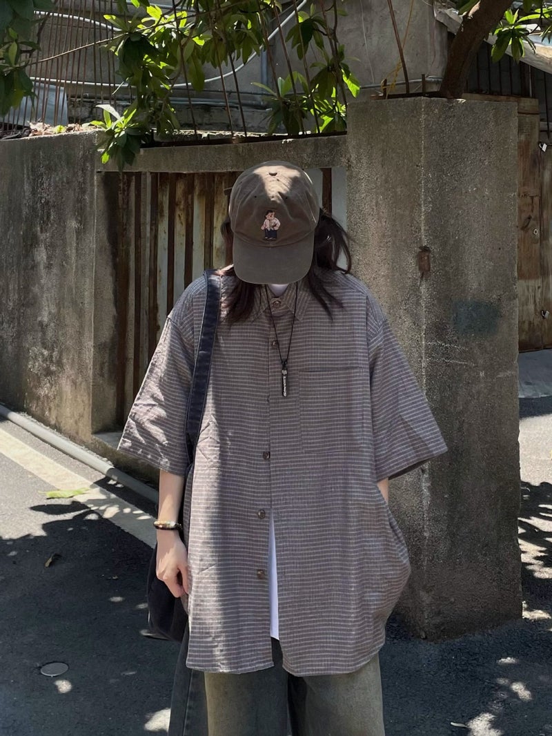 Summer Fine Plaid Short Sleeve Shirt Unisex Retro Oversized Cotton Workwear Blouse - Image 2