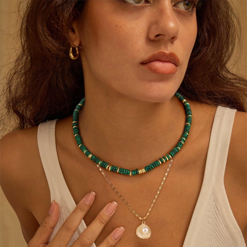 chorfla Beaded Gemstone Necklaces for Women, Bohemian Colored Choker Natural Stone Bead Decoration Summer Beach Handmade Jewelry Necklace (malachite) - Image 5