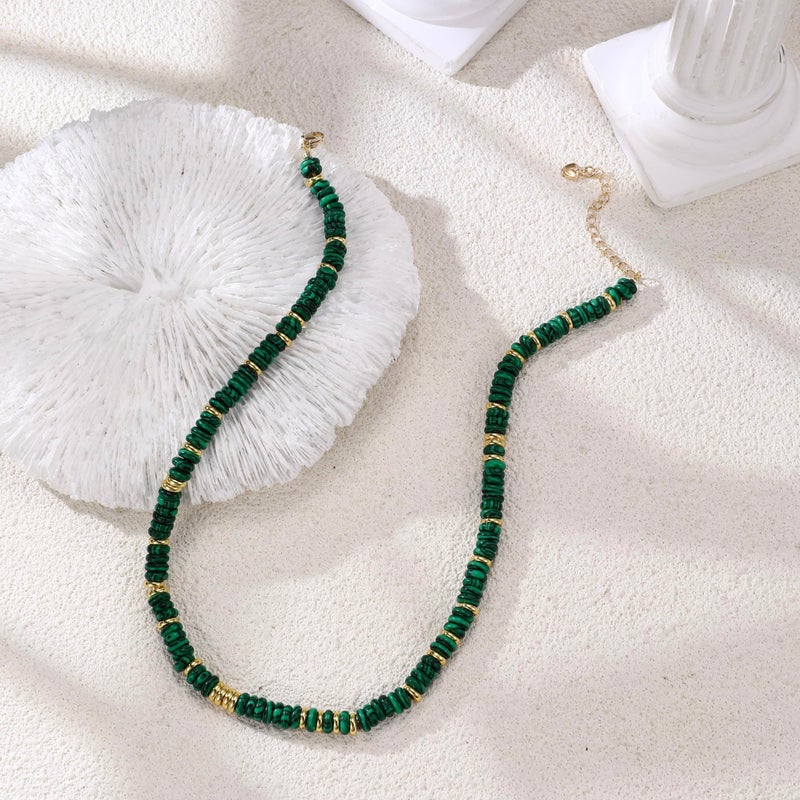 chorfla Beaded Gemstone Necklaces for Women, Bohemian Colored Choker Natural Stone Bead Decoration Summer Beach Handmade Jewelry Necklace (malachite) - Image 2