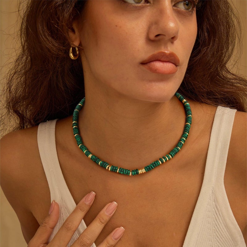 chorfla Beaded Gemstone Necklaces for Women, Bohemian Colored Choker Natural Stone Bead Decoration Summer Beach Handmade Jewelry Necklace (malachite) - Image 4