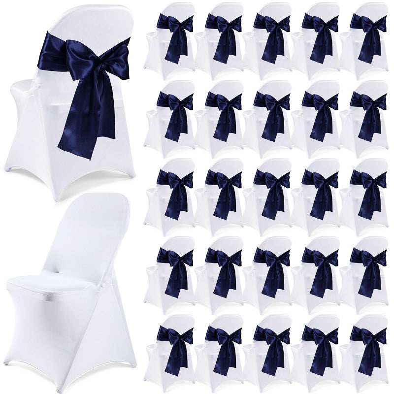 Lounsweer Lounsweer 50 Pcs Folding Chair Cover Set with 25 Stretch Spandex Slipcovers 25 Satin Chair Sashes Bows Ribbon Washable Banquet Protector for Wedding Event PartyWhite Dark Blue 