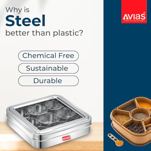 AVIAS 9 Square Stainless Steel Spice Box With See-Through Glass Lid /9 Containers Storage Box/Durable Masala Dani/Masala Box For Kitchen/Dry Fruit Organiser/Anjarai Petti/Plain - Silver - Image 3