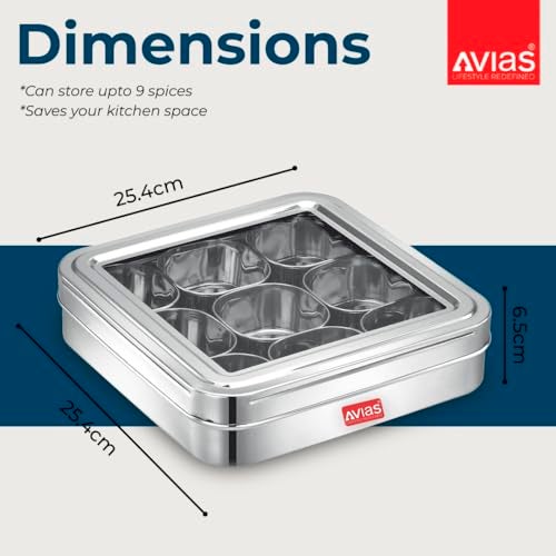 AVIAS 9 Square Stainless Steel Spice Box With See-Through Glass Lid /9 Containers Storage Box/Durable Masala Dani/Masala Box For Kitchen/Dry Fruit Organiser/Anjarai Petti/Plain - Silver - Image 4