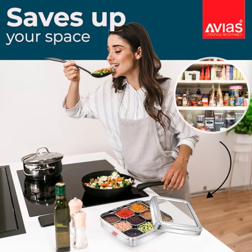 AVIAS 9 Square Stainless Steel Spice Box With See-Through Glass Lid /9 Containers Storage Box/Durable Masala Dani/Masala Box For Kitchen/Dry Fruit Organiser/Anjarai Petti/Plain - Silver - Image 5
