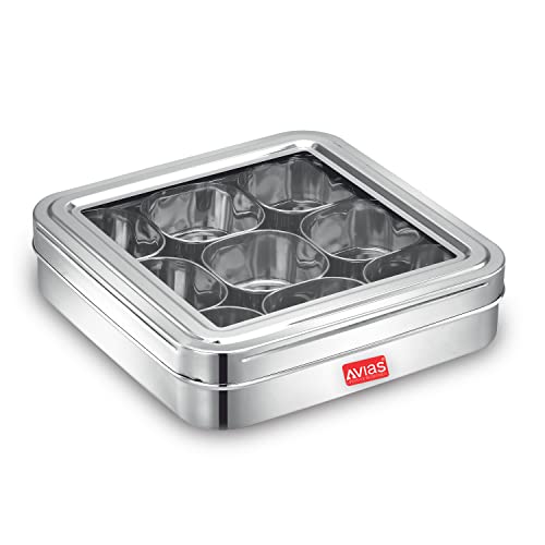 AVIAS 9 Square Stainless Steel Spice Box With See-Through Glass Lid /9 Containers Storage Box/Durable Masala Dani/Masala Box For Kitchen/Dry Fruit Organiser/Anjarai Petti/Plain - Silver - Image 1