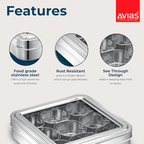 AVIAS 9 Square Stainless Steel Spice Box With See-Through Glass Lid /9 Containers Storage Box/Durable Masala Dani/Masala Box For Kitchen/Dry Fruit Organiser/Anjarai Petti/Plain - Silver - Image 2