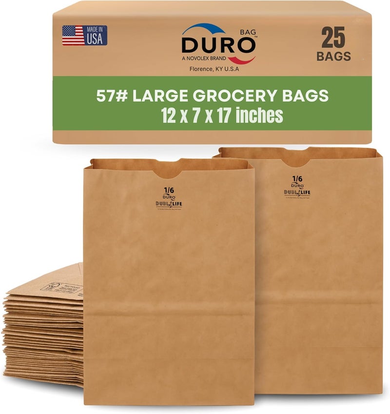 Duro 57# Brown Paper Grocery Bags Heavy-Duty, 12 x 7 x 17 Inches, 25-Count, Large Brown Paper Bags for Grocery Shopping, Food Take-Out, Disposable Kraft 1/6 Sack for Trash & Recycling - Image 1