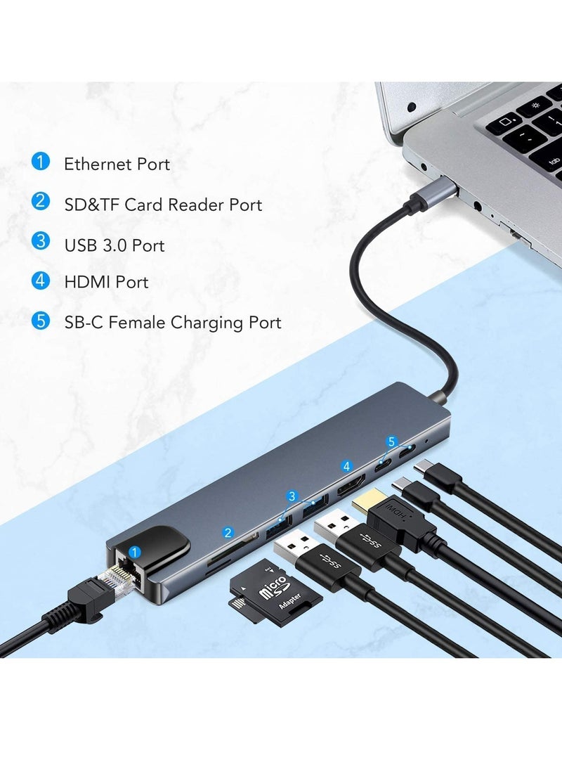 ELTRAZONE USB C Hub (8 in 1 Multifunction Adapter for MacBook & Windows) / USB Docking Station / 4K HDMI, HDTV, SD/TF card, RJ45, USB C - Image 1