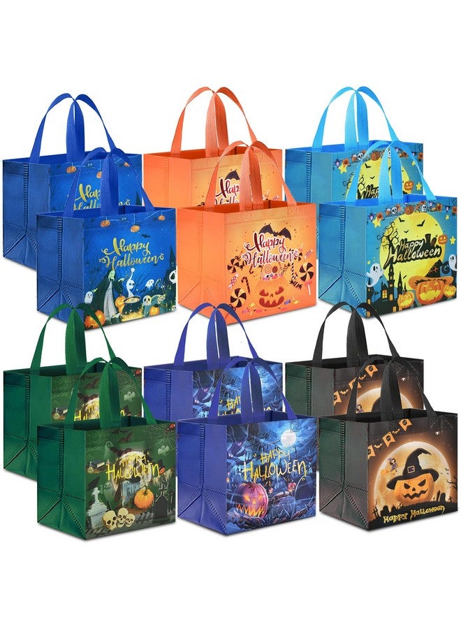 AhfuLife 12 Pcs Halloween Trick Or Treat Bags, Halloween Candy Tote Bags With Handles, Reusable Halloween Non-Woven Gift Bags For Halloween Party Supplies Favors (7.8×7.8×5.9’’) - Image 1