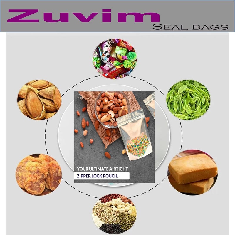 Zuvim Zuvim Zip Lock Pouch FoodGrade Transparent Front Gloss Silver Back Stand Up Pouches with Zipper Reusable Resealable Tear Notch Bottom Gusset Packing Cover Storage Bag 6 Sample 1 pc all 6 sizes  - Image 3