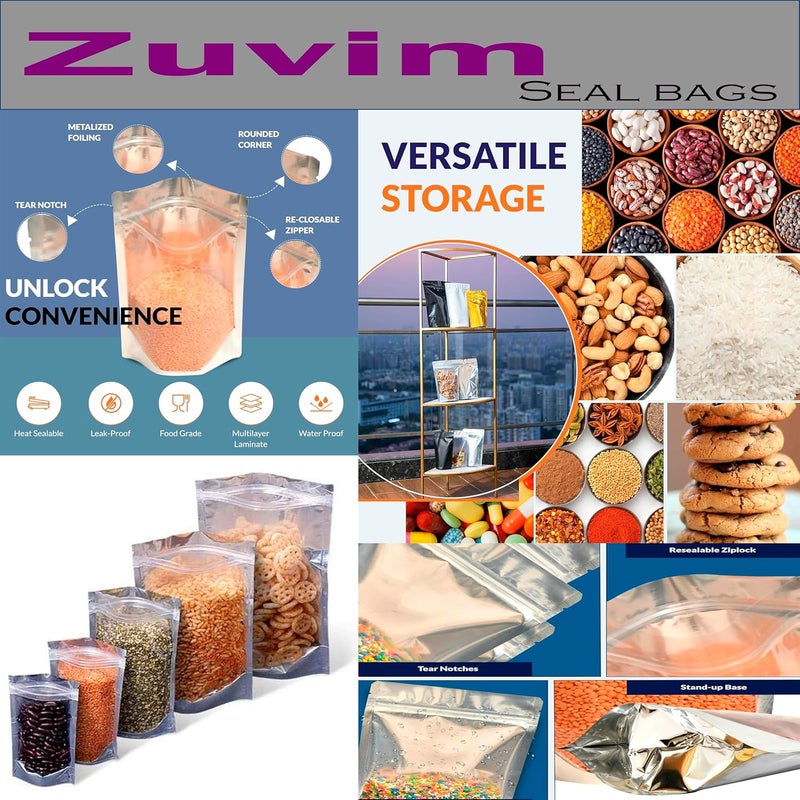 Zuvim Zuvim Zip Lock Pouch FoodGrade Transparent Front Gloss Silver Back Stand Up Pouches with Zipper Reusable Resealable Tear Notch Bottom Gusset Packing Cover Storage Bag 6 Sample 1 pc all 6 sizes  - Image 4