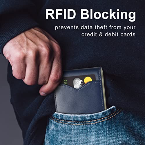 GSOIAX محفظة جيسوياكس للرجال نحيفة للرجال جلد طبيعي ألياف كربونية مانعة لتسرب RFID حاملة بطاقات ائتمان قابلة للطي مع علبة هدايا (أزرق داكن وبيج) - Image 5