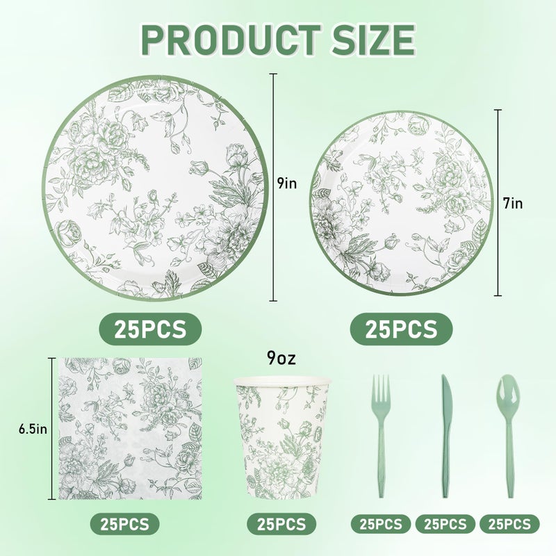 Elyxio 175Pcs Sage Green Floral Paper Plates and Napkins 25 Guests Green Toile Chinoiserie Party Supplies Set Include Plates Napkins Cups Spoons Forks Knives for Birthday Wedding (175, Sage Green Floral) - Image 2
