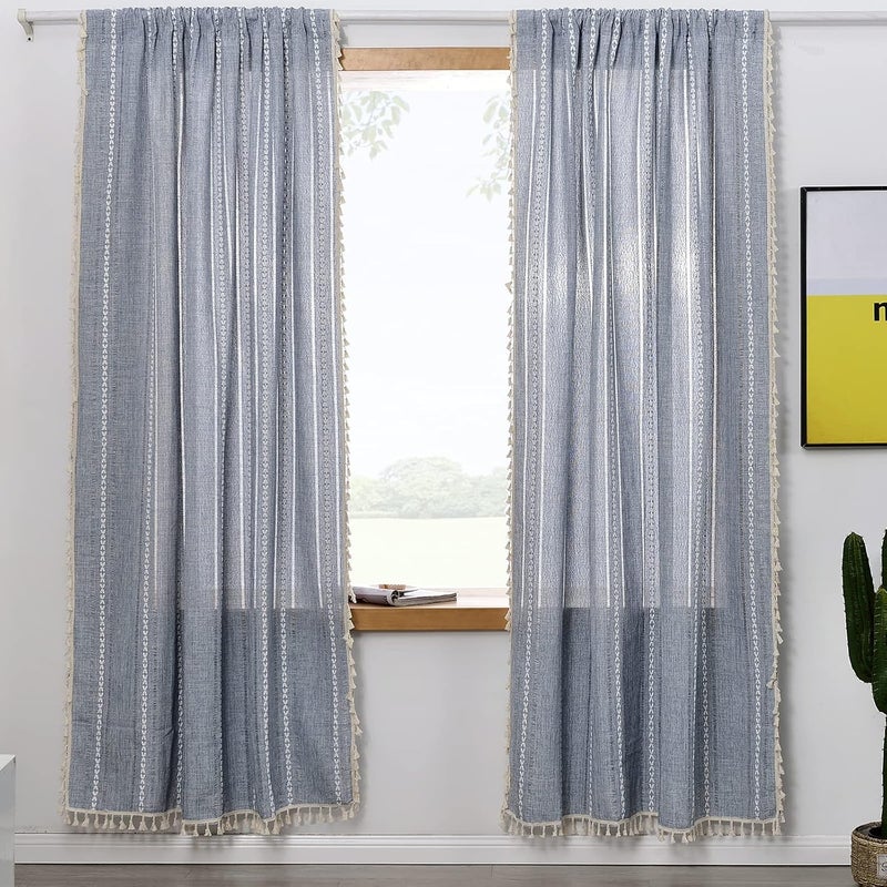 RoomTalks Blue Boho Modern Farmhouse Curtains for Bedroom Living Room 96 Inch Length 2 Panels Cottage Country Linen Window Curtain Panels Striped Bohemian Chic Tassel Draperies - Image 2