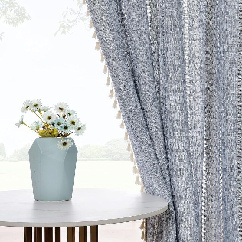 RoomTalks Blue Boho Modern Farmhouse Curtains for Bedroom Living Room 96 Inch Length 2 Panels Cottage Country Linen Window Curtain Panels Striped Bohemian Chic Tassel Draperies - Image 4