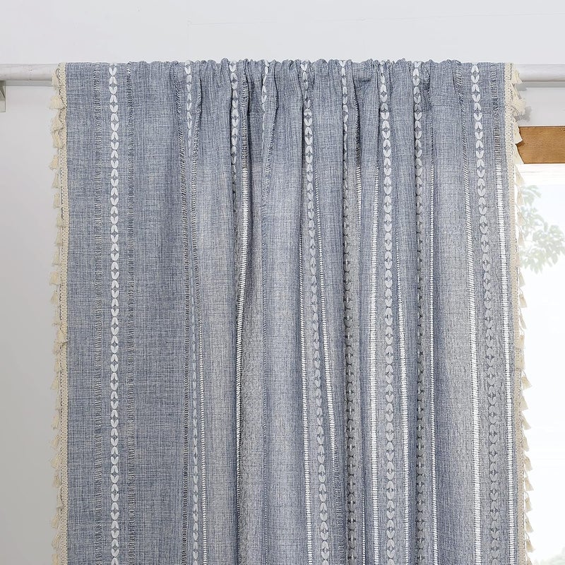 RoomTalks Blue Boho Modern Farmhouse Curtains for Bedroom Living Room 96 Inch Length 2 Panels Cottage Country Linen Window Curtain Panels Striped Bohemian Chic Tassel Draperies - Image 5