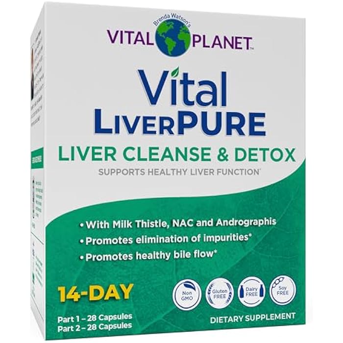 Vital Planet – Vital Liver Pure Liver Cleanse Detox & Repair with Milk Thistle, NAC Supplement N-Acetyl Cysteine, Andrographis, Dandelion, Turmeric, Alpha Lipoic Acid, 2-Part 14-Day Kit, 56 Capsules - Image 1