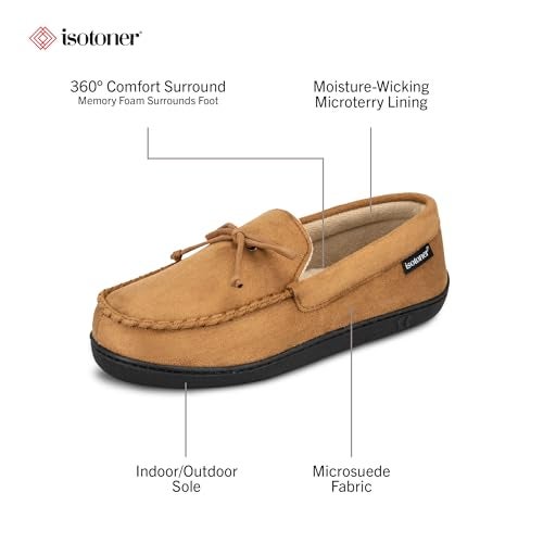 isotoner Men's Slippers, Microsuede Moccasin Indoor/Outdoor House Shoes with Cooling Memory Foam and Skid Resistance, Brown, 8-9 - Image 2