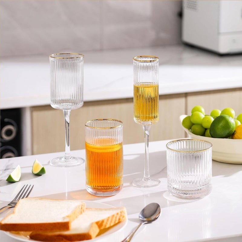 Lysenn Wine Glasses, Ribbed and Fluted Vintage Glassware Set Includes Wine Glasses, Champagne Glasses, Whiskey Glasses and Highball Glasses for Christmas or Wedding Party, Set of 4 - Image 1