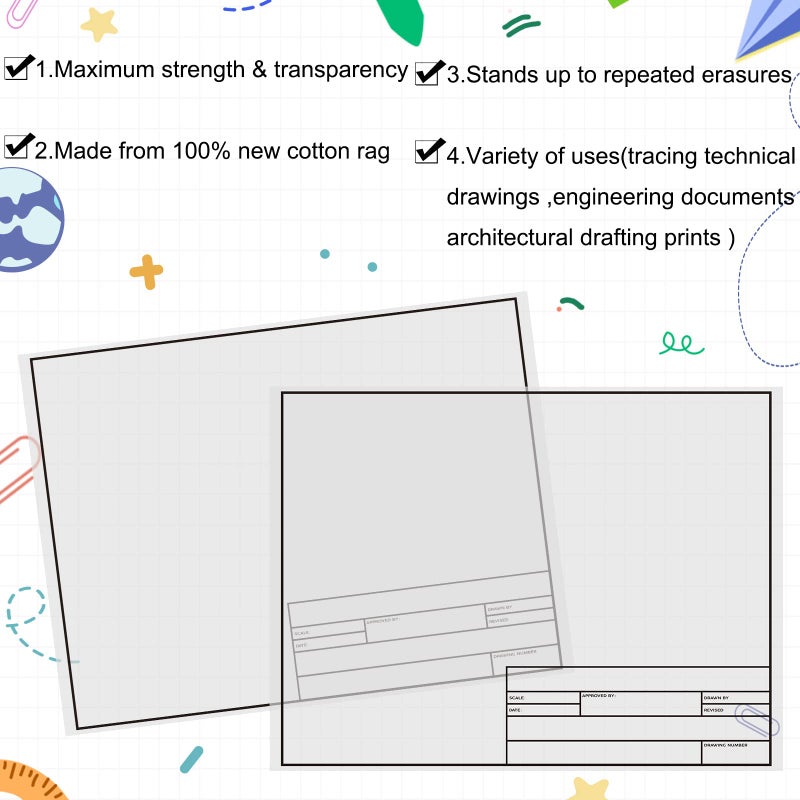 Geyee 10 Sheets Architectural Vellum Paper Translucent White Vellum Sheets Drafting Paper Rag with Border and Title Block(18 x 24 Inches) - Image 4