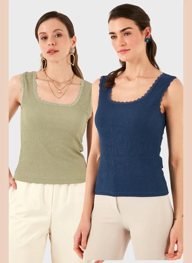 Lela Lela Slim Fit Thick Lace Square Neck Crepe 2-Pack Undershirt Women's Undershirt 5864979S2