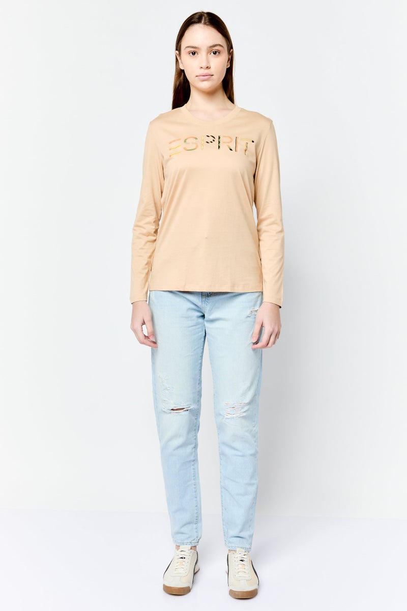 ESPRIT تي شيرت نسائي بأكمام طويلة وياقة دائرية بشعار العلامة التجارية، تان - Image 2