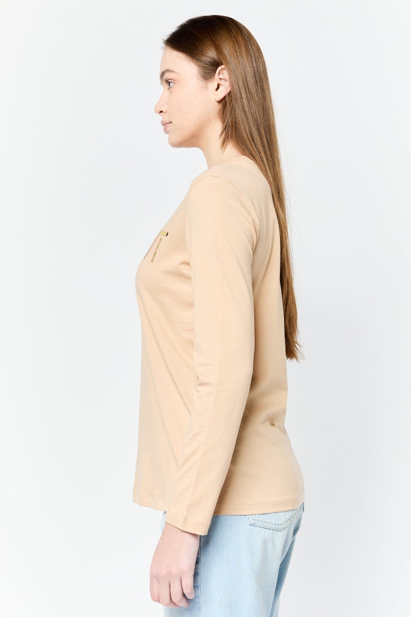 ESPRIT تي شيرت نسائي بأكمام طويلة وياقة دائرية بشعار العلامة التجارية، تان - Image 3