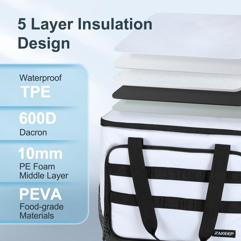 ZAKEEP Soft Cooler Bag, Large Leakproof Beach Cooler, 30 Cans Collapsible Cooler with Adjustable Shoulder Straps, Ice Chest, Portable Insulated Bag Camping Coolerbag for Travelï¼†Campingï¼†Picnic, White - Image 5