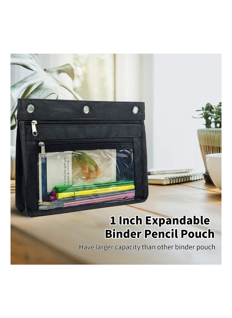 Y&D - Expandable Pencil Pouch for 3 Ring Binder, 2 Pack Large Capacity with Zipper, Three Clear Binder Case Suitable School and Office（Black）1 inch High Pouc - Image 1