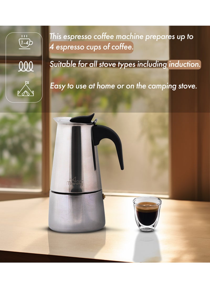 آني مورننغ - صانعة إسبريسو على الموقد Any Morning، إبريق موكا، صانعة قهوة إيطالية، إبريق قهوة ستانلس ستيل، 4 أكواب، 6.76 أونصة، 200 مل، لون فضي. - Image 1
