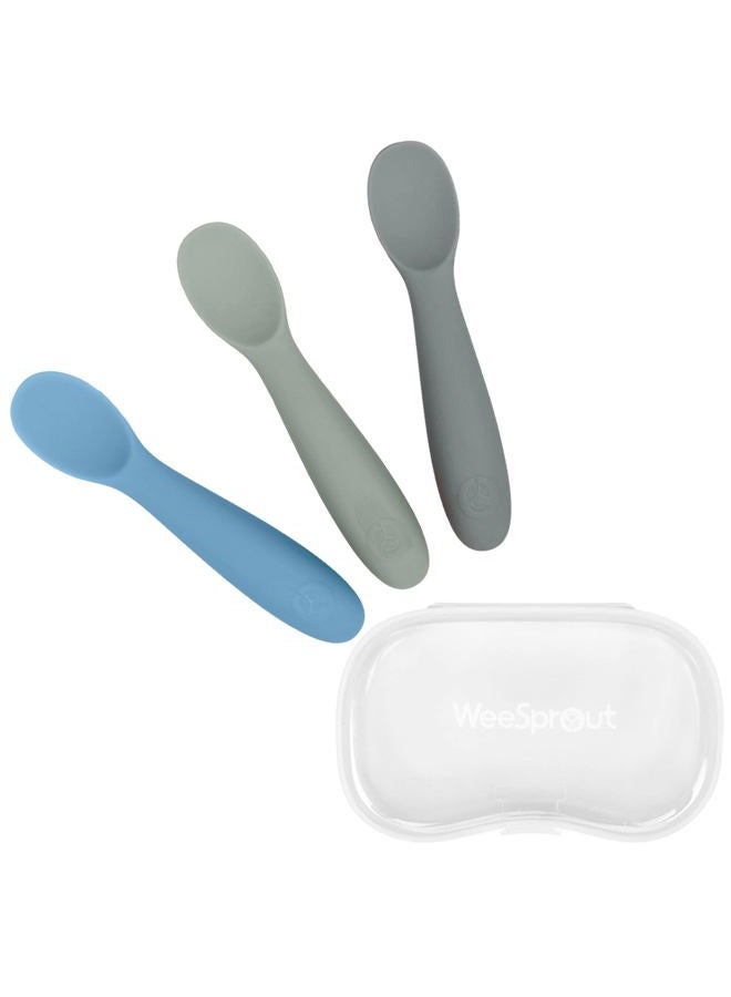 WeeSprout Baby Spoons for Self Feeding 6 Months +, Soft & Durable Silicone Utensils for Sensitive Gums & Teeth, Easy Grip Handles & Shorter Length for Little Hands, 3 Pack + Carrying Case - Image 1