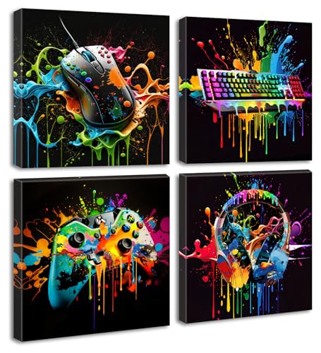 DJSYLIFE Gamer Room Decor for Boys Game Wall Art Graffiti Gamepad Earphone Canvas Print Pictures Cool Video Gaming Poster Street Pop Men Cave Teen Bedroom Dorm Playroom Home Artwork Framed 12X12X4 Panels - Image 1