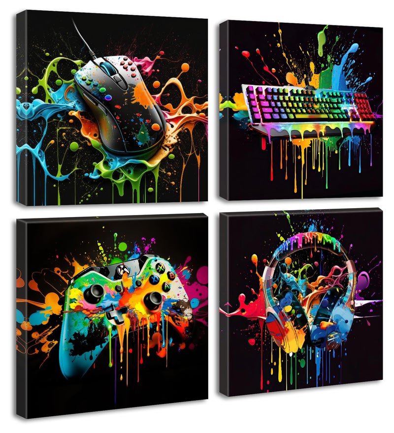 DJSYLIFE Gamer Room Decor for Boys Game Wall Art Graffiti Gamepad Earphone Canvas Print Pictures Cool Video Gaming Poster Street Pop Men Cave Teen Bedroom Dorm Playroom Home Artwork Framed 12X12X4 Panels - Image 2