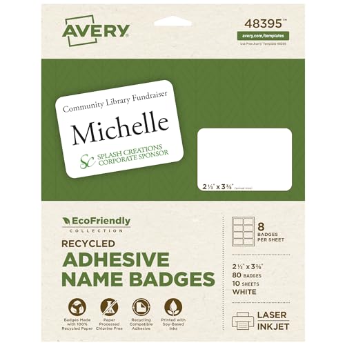 Avery EcoFriendly Recycled Name Tags, 2-1/3" x 3-3/8", White, Removable Adhesive, 80 Printable Name Badges (48395) - Image 1