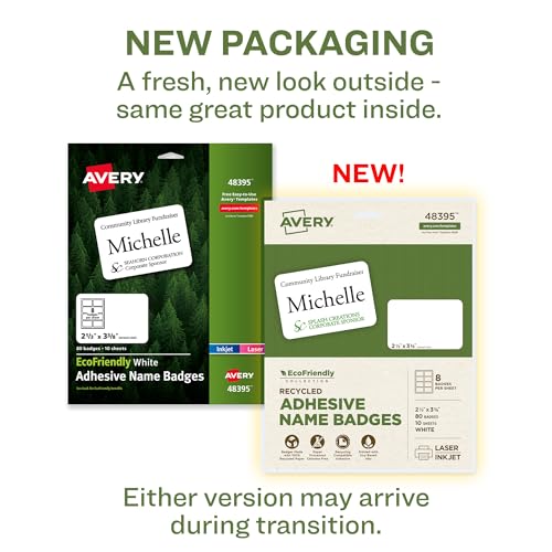 Avery EcoFriendly Recycled Name Tags, 2-1/3" x 3-3/8", White, Removable Adhesive, 80 Printable Name Badges (48395) - Image 2