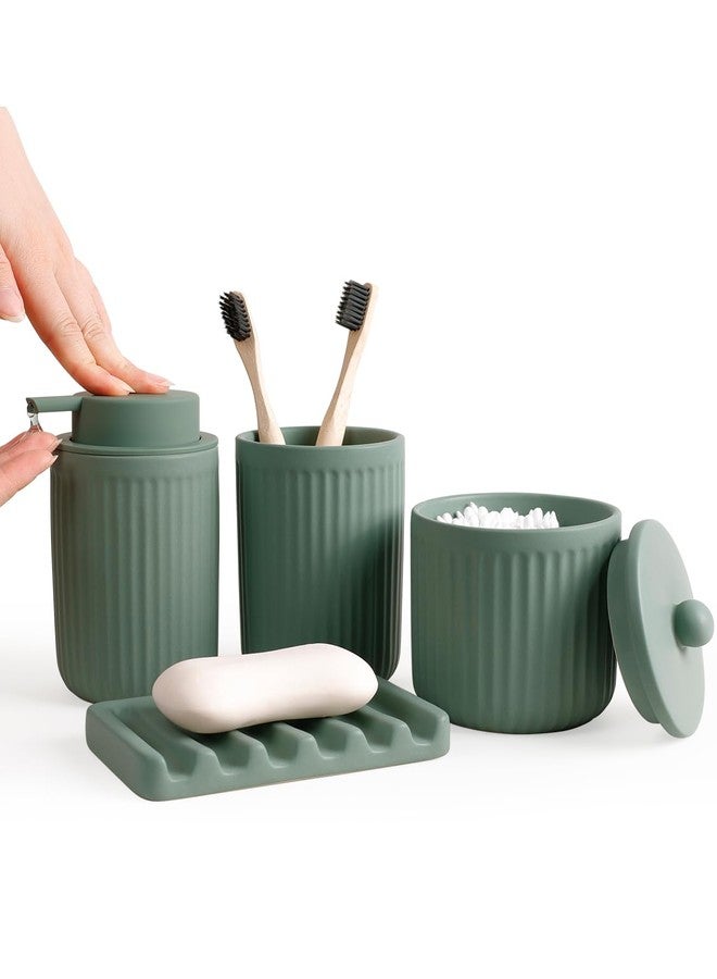 INGOFIN 4 Pcs Ceramic Bathroom Accessory Set - Liquid Soap Dispenser, Toothbrush Holder,Contain Cotton Swab Jar & Soap Dish,Countertop Accessories for Home, Guest Bathroom, Office, Matte Green - Image 1