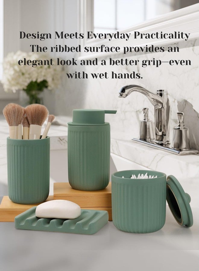 INGOFIN 4 Pcs Ceramic Bathroom Accessory Set - Liquid Soap Dispenser, Toothbrush Holder,Contain Cotton Swab Jar & Soap Dish,Countertop Accessories for Home, Guest Bathroom, Office, Matte Green - Image 3