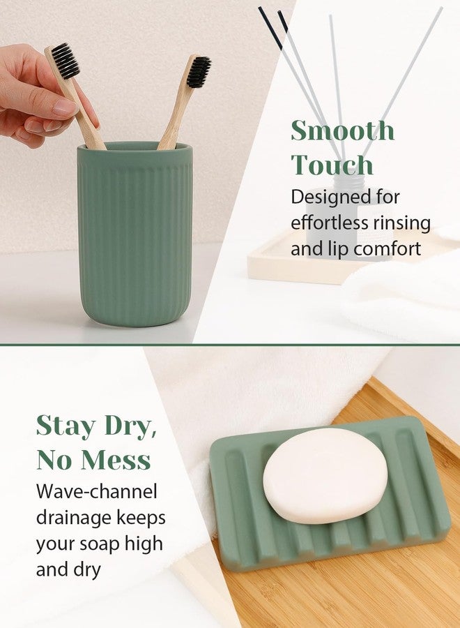 INGOFIN 4 Pcs Ceramic Bathroom Accessory Set - Liquid Soap Dispenser, Toothbrush Holder,Contain Cotton Swab Jar & Soap Dish,Countertop Accessories for Home, Guest Bathroom, Office, Matte Green - Image 4