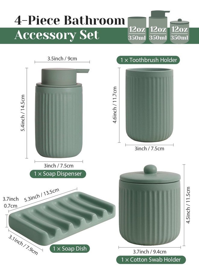 INGOFIN 4 Pcs Ceramic Bathroom Accessory Set - Liquid Soap Dispenser, Toothbrush Holder,Contain Cotton Swab Jar & Soap Dish,Countertop Accessories for Home, Guest Bathroom, Office, Matte Green - Image 2