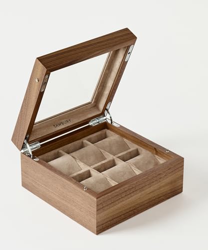 TAWBURY Wooden Watch Case - 6 Slot Wood Watch Box for Men & Women with Glass Display, Protective Fully Lined Interior and 2-inch Wide Pillows for Small & Large Watches (Classic Walnut) - Image 2
