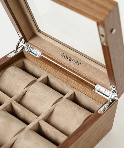 TAWBURY Wooden Watch Case - 6 Slot Wood Watch Box for Men & Women with Glass Display, Protective Fully Lined Interior and 2-inch Wide Pillows for Small & Large Watches (Classic Walnut) - Image 4
