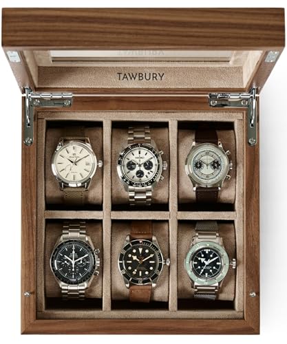 TAWBURY Wooden Watch Case - 6 Slot Wood Watch Box for Men & Women with Glass Display, Protective Fully Lined Interior and 2-inch Wide Pillows for Small & Large Watches (Classic Walnut) - Image 1