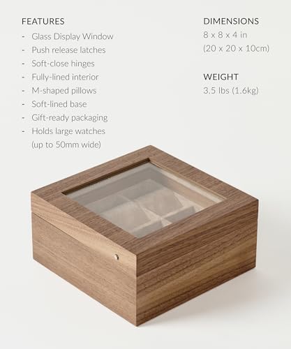 TAWBURY Wooden Watch Case - 6 Slot Wood Watch Box for Men & Women with Glass Display, Protective Fully Lined Interior and 2-inch Wide Pillows for Small & Large Watches (Classic Walnut) - Image 3