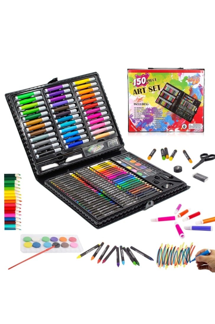 نقطة التسوق مجموعة أدوات فنية مكونة من 150 قطعة تتضمن أقلام الباستيل الزيتية وأقلام التلوين وأقلام الرصاص الملونة وملحقات أخرى، مجموعة رسم محمولة متعددة الوظائف، أدوات طلاء آمنة وعالية الجودة، مثالية للرسم والتخطيط والتلوين للأطفال - Image 1