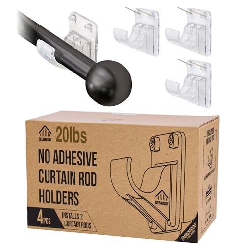Evermount No Adhesive Heavy Duty Curtain Rod Holders with Wide Hook 5X Stronger Than Adhesive Curtain Rod HooksTension Curtain Rod Bracket for Wall with Pin Guide Curtain Wall Mount 4 Pack for 075 Rods - Image 1